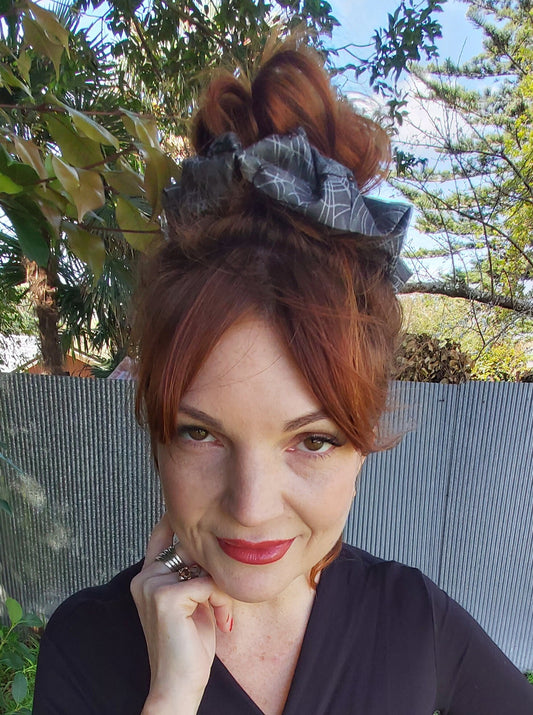 Linda McCarthy Studio Halloween Scrunchie - Grey Spider Print