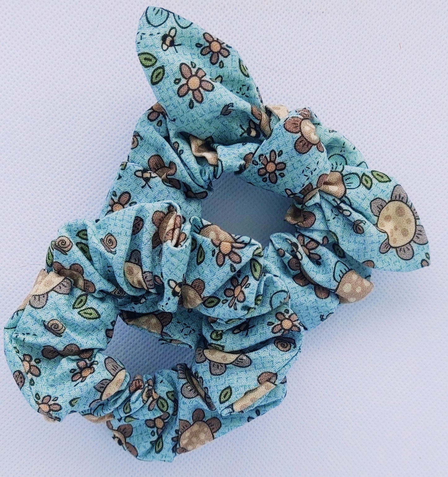 Bees and Flowers with Blue Print Mini Scrunchie w/separate tie