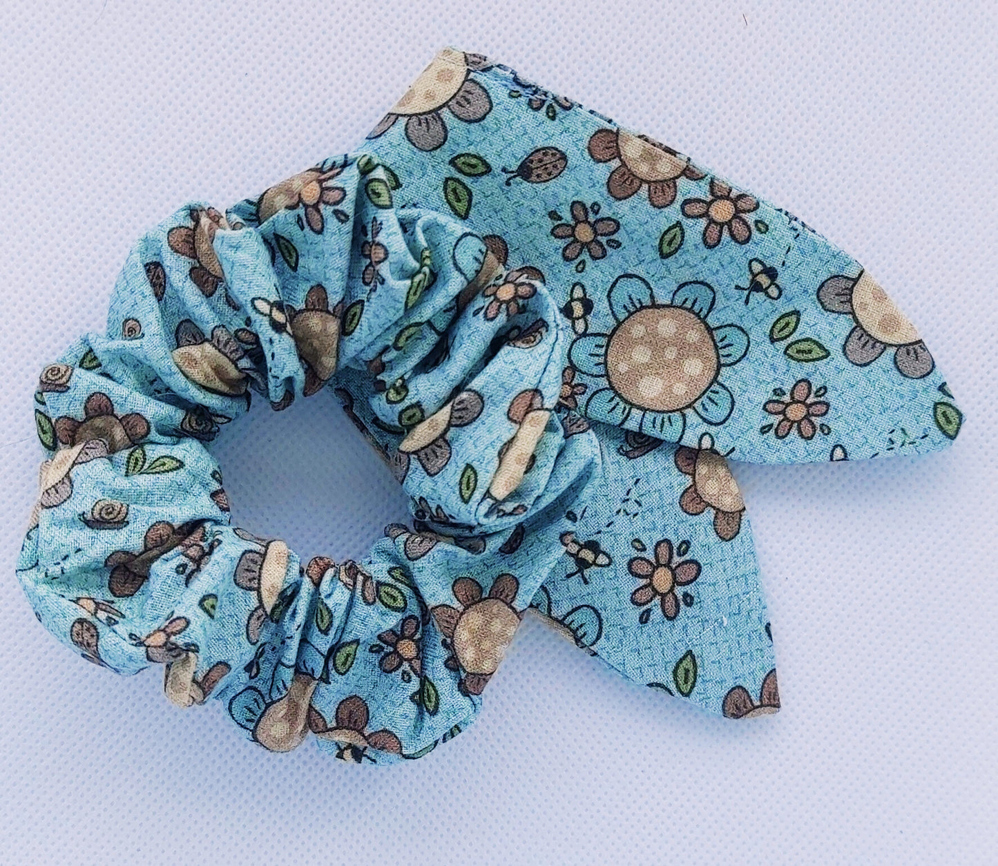 Bees and Flowers with Blue Print Mini Scrunchie w/separate tie