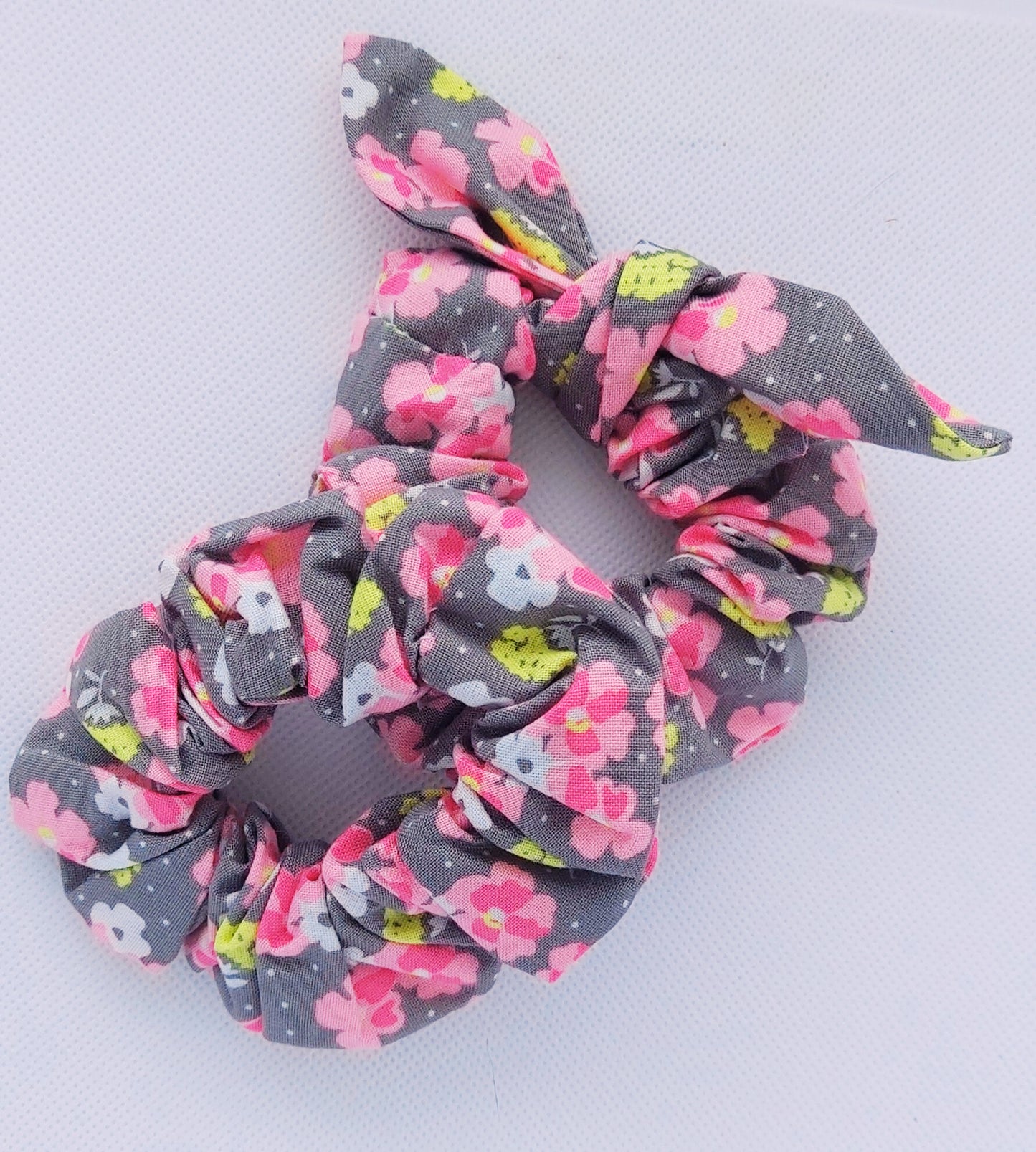 Pink, Yellow & White Floral with Gray Print Mini Scrunchie w/separate tie