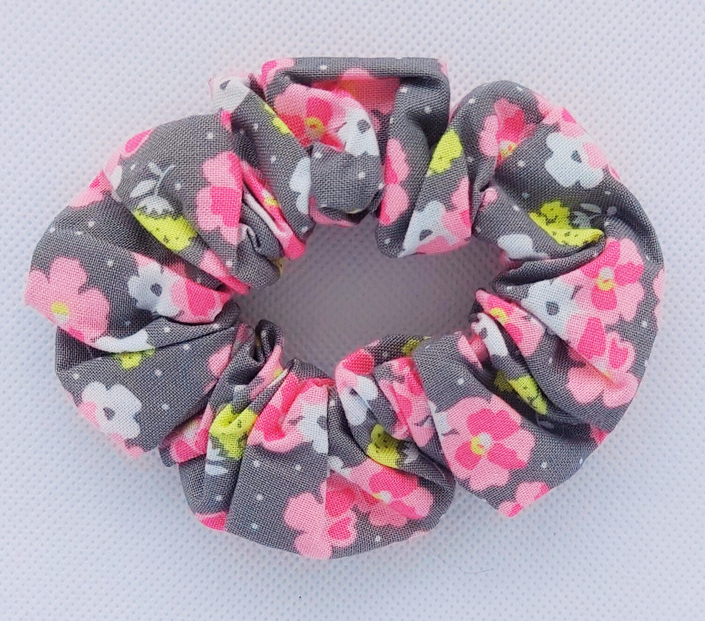 Pink, Yellow & White Floral with Gray Print Mini Scrunchie w/separate tie