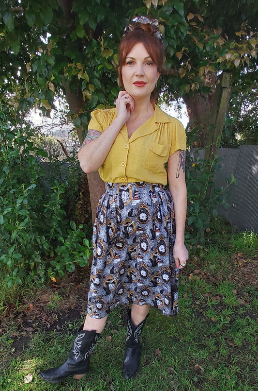 Linda McCarthy Studio Skulls & Black Cats Halloween Skirt