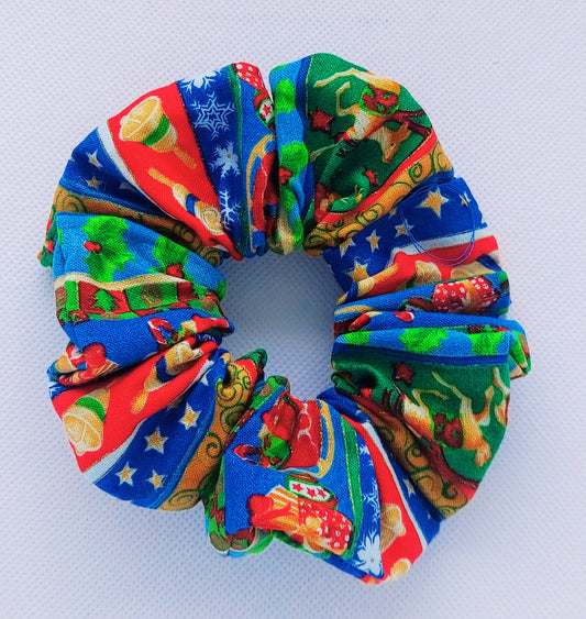 Christmas Scrunchie in Holly, Santa, Reindeer Print