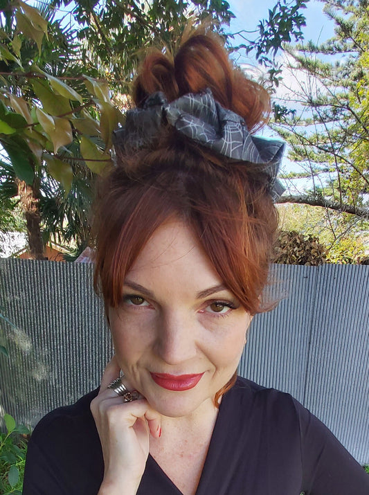 Halloween Scrunchie in Grey Spider Print