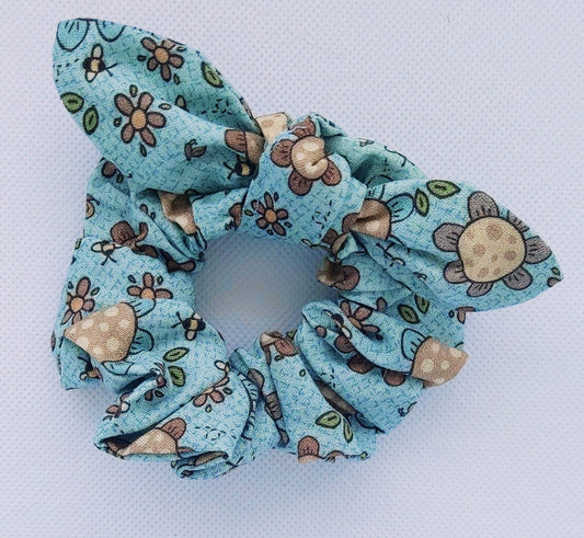 Bees and Flowers with Blue Print Mini Scrunchie w/separate tie