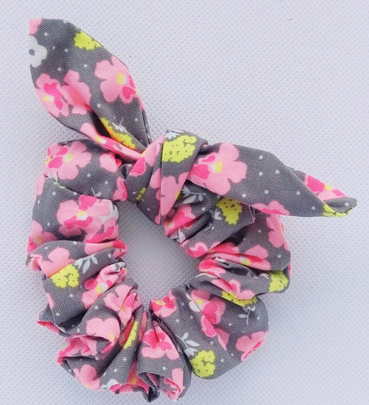 Pink, Yellow & White Floral with Gray Print Mini Scrunchie w/separate tie