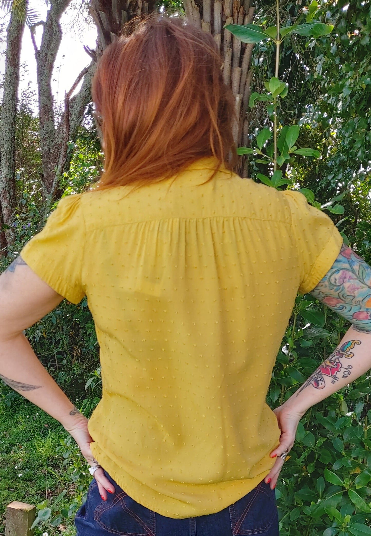 Retrospec'd Evita Blouse in Mustard Textured