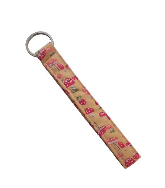 Wristlet Key Fob - Pink & Red Mushrooms on Yellow