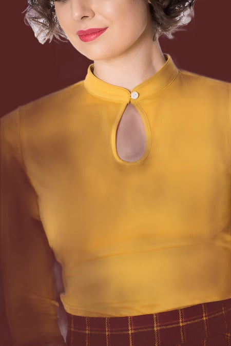 Banned Apparel Peek a Boo Mandarin Collar Top Mustard