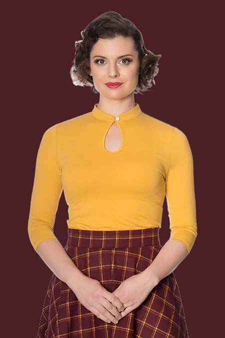 Banned Apparel Peek a Boo Mandarin Collar Top Mustard