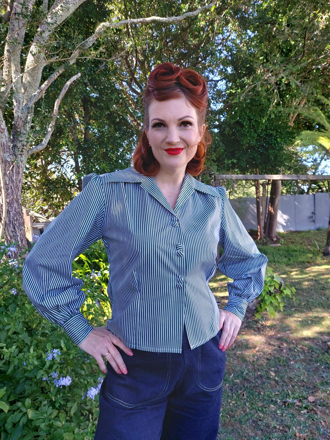 Freddie's of Pinewood 1940's Style Blouse - Green Stripe