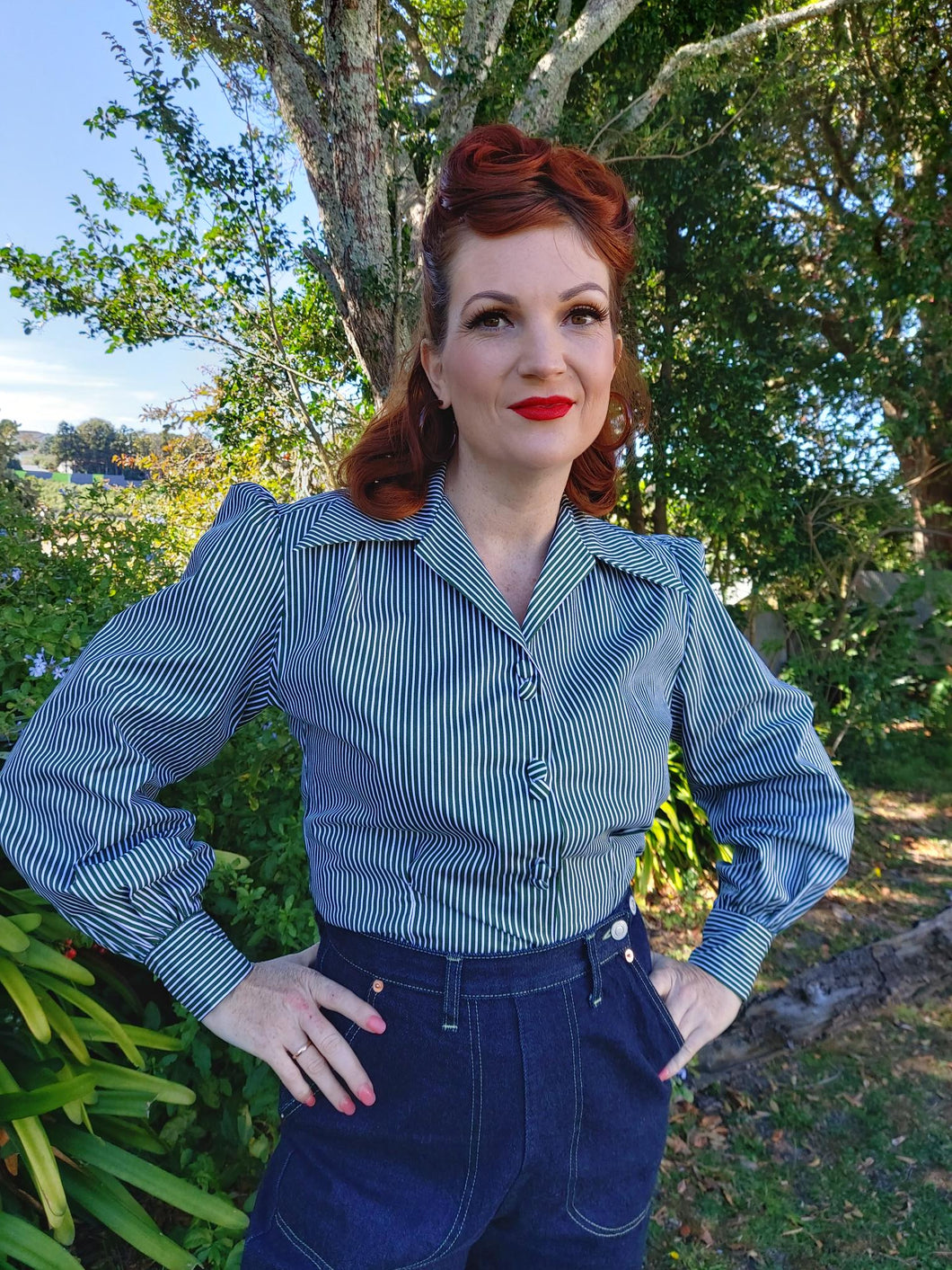 Freddie's of Pinewood 1940's Style Blouse - Green Stripe