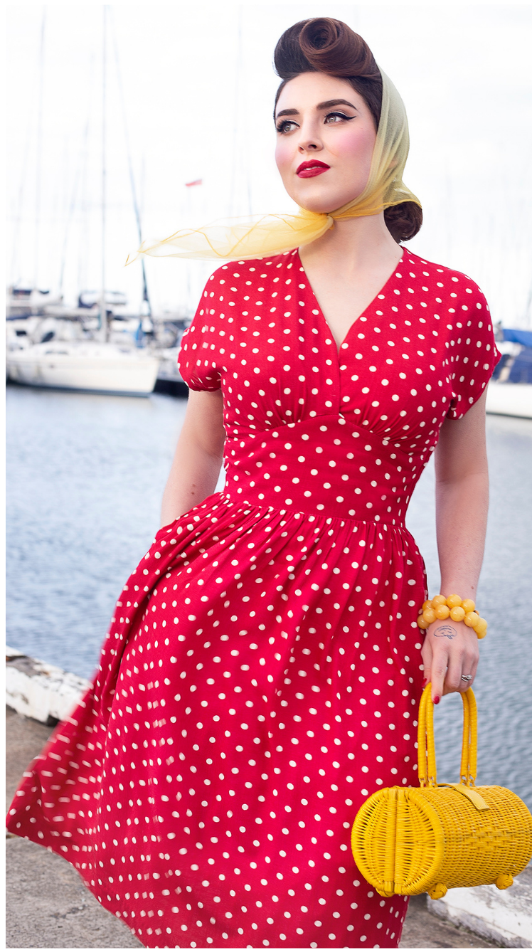 1940's Style Dress in Red with White Dots Retrospect'd